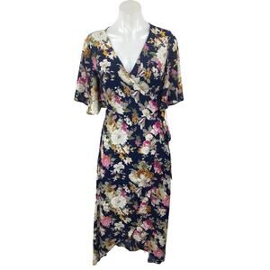 Women's Multicolor Floral Short Flutter Sleeve V Neck Maxi Wrap Dress One Size